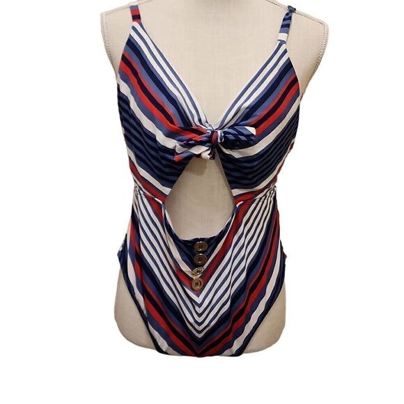 Time and Tru Women's July Stripe Tie Front One Piece Swimsuit Blue & Red Large - Picture 1 of 14